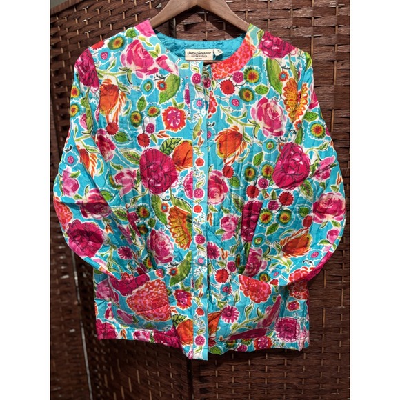 Floral Silk Quilted Jacket Medium Button Up Colorful Top - Picture 1 of 11